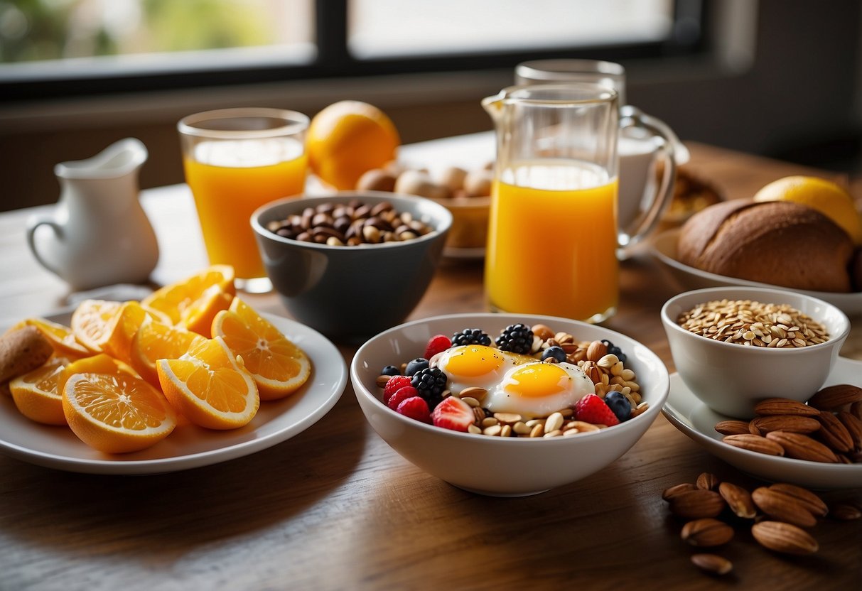 A table set with a variety of breakfast foods: eggs, whole grain toast, yogurt, fruits, nuts, and seeds. A glass of orange juice and a cup of coffee sit nearby