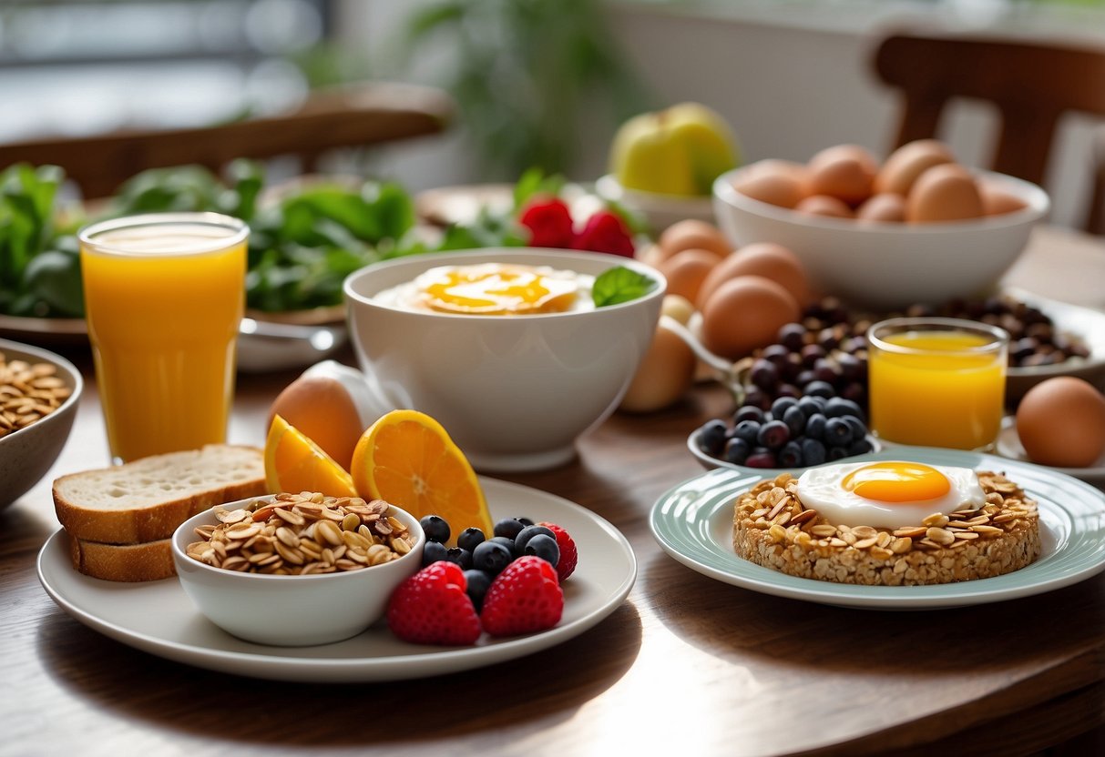 A table set with a variety of quick and healthy breakfast options, including fruits, yogurt, granola, and whole grain toast. A cup of coffee or tea sits next to a plate of eggs and vegetables