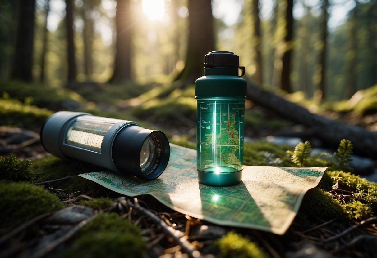 A map, compass, and water bottle lay on the forest floor. Sunlight filters through the trees onto the orienteering equipment. A stream gurgles nearby