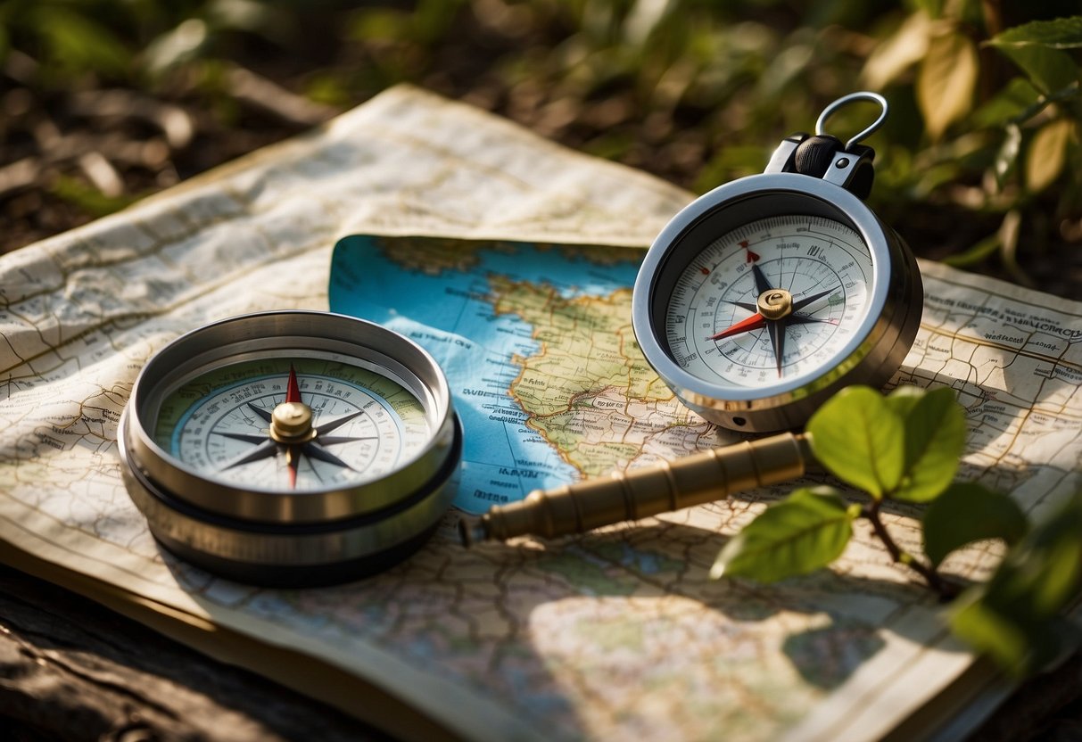 A map with various water sources marked, surrounded by orienteering gear and a compass. Sunshine and trees in the background