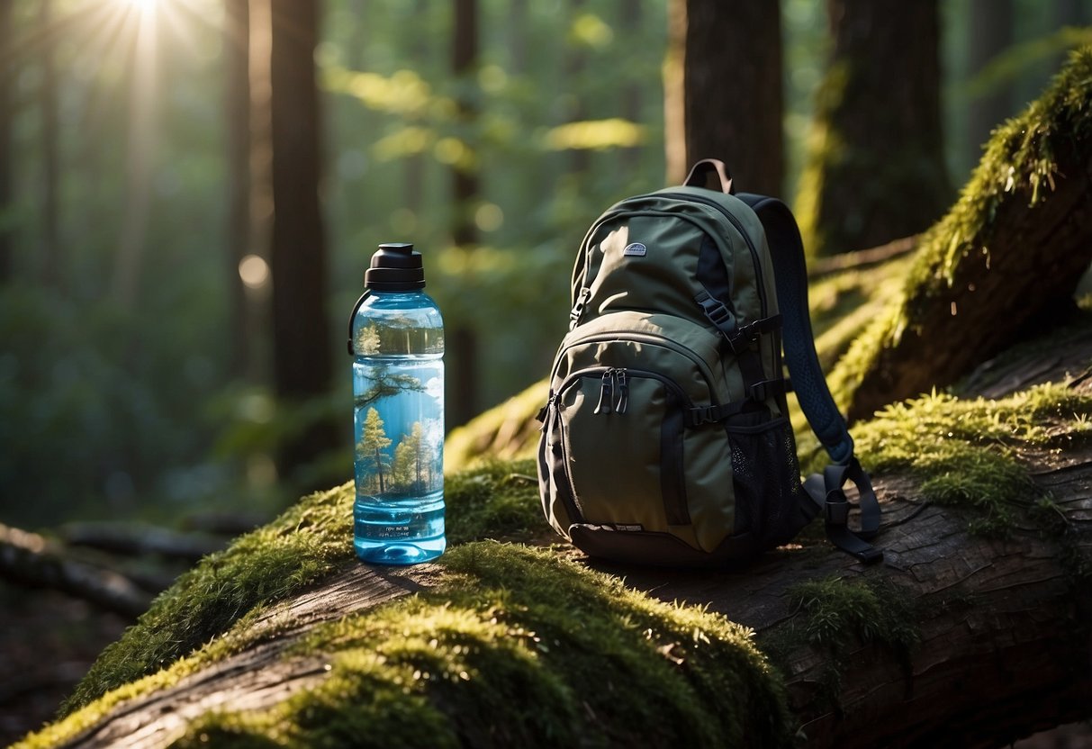 A hydration backpack hangs on a tree branch, surrounded by a map, compass, and water bottle. The sun shines through the trees, casting dappled shadows on the forest floor