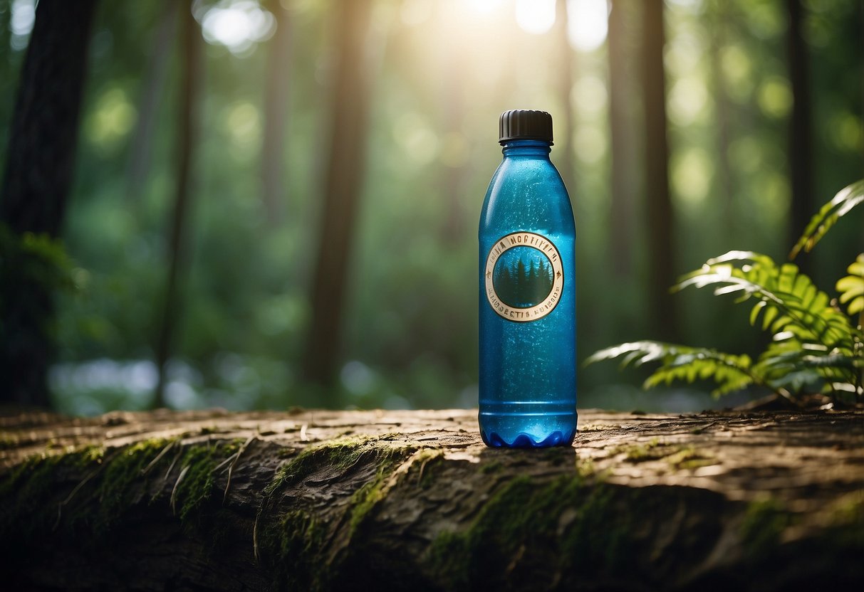 A water bottle surrounded by trees and a map, with a "no caffeine" sign in the background