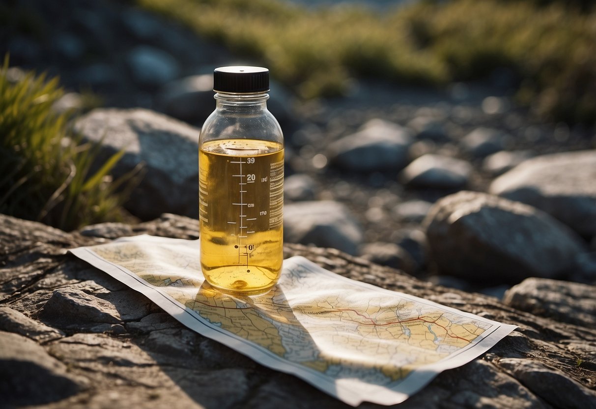 A clear plastic water bottle sits next to a map and compass on a rocky trail. A small puddle of yellow liquid is visible nearby