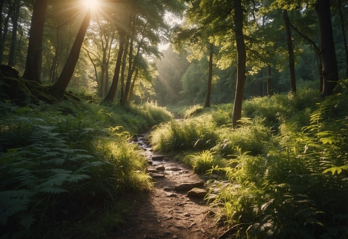 A forest trail winds through lush greenery, with a clear stream running alongside. Sunlight filters through the trees, highlighting the importance of hydration while orienteering