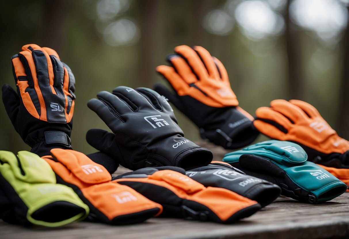 A table with 5 pairs of orienteering gloves, each with varying levels of protection and grip, displayed against a neutral background