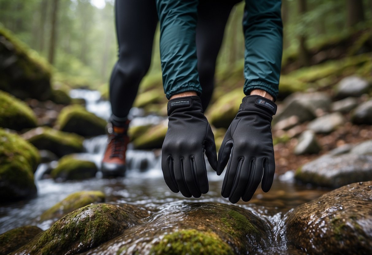 A pair of Sealskinz All Weather Gloves, designed for orienteering, lay on a rocky trail, surrounded by dense forest and a clear, winding stream