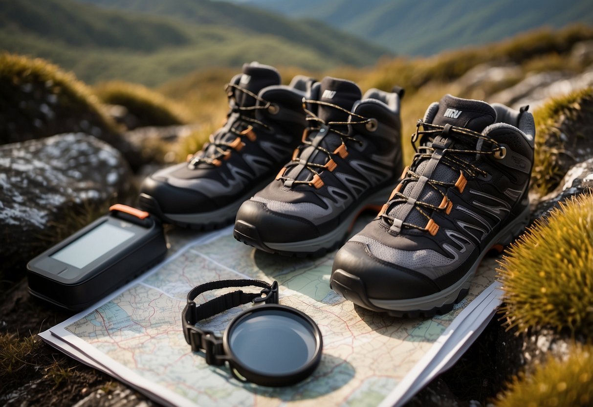 A pair of Inov-8 All Terrain Pro Gloves lying on a rugged terrain, surrounded by orienteering equipment and a map, ready for adventure