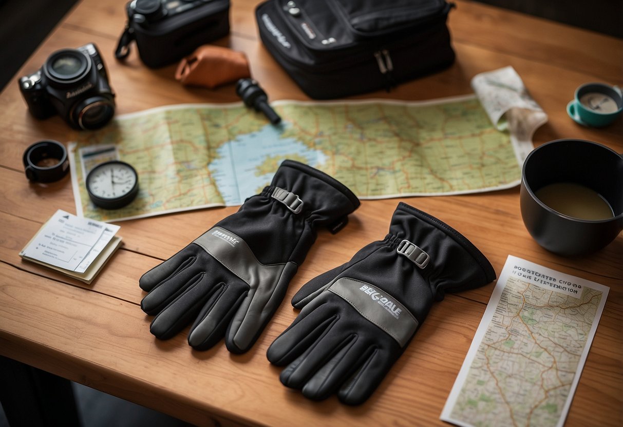 A pair of Bridgedale Waterproof Ultra Fit Gloves are laid out on a table, surrounded by orienteering equipment and a map, ready for adventure