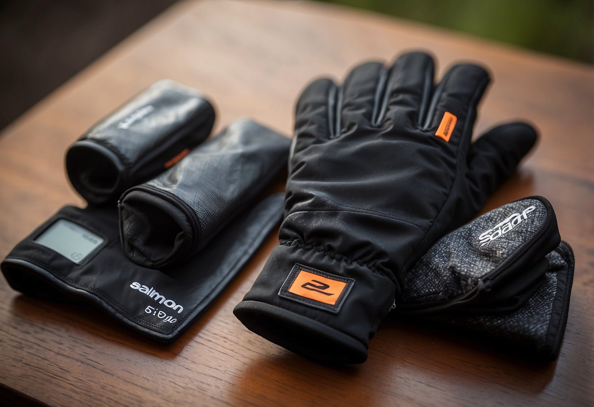 A pair of Salomon Pulse Handheld Gloves displayed on a table, surrounded by other orienteering gear. The gloves are sleek and protective, with reinforced padding and a secure fit