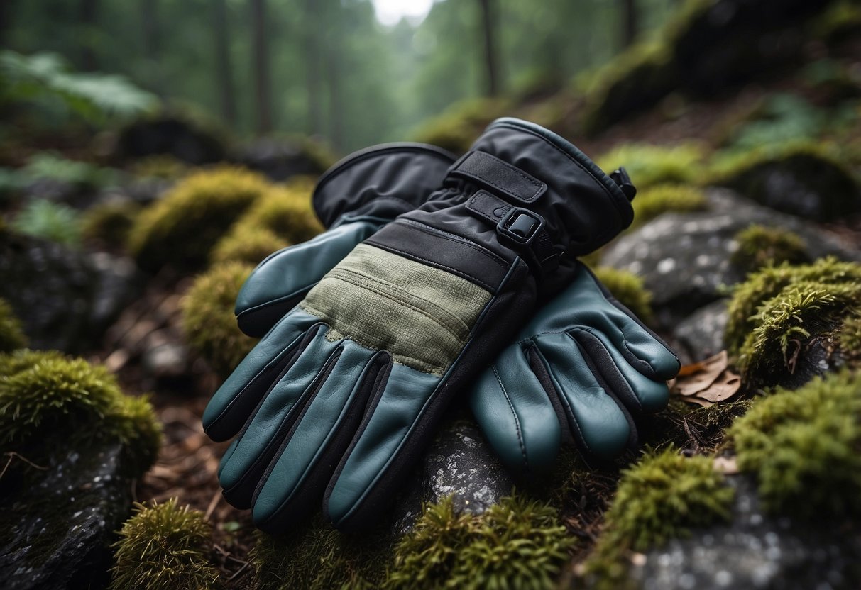 Durable gloves lay on rocky terrain, surrounded by dense forest. Material labels show strong, weather-resistant fabrics