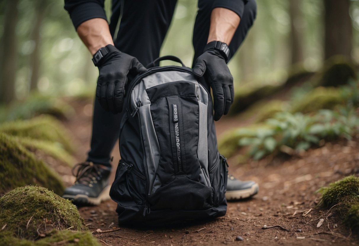 A hand reaching into a backpack, pulling out a pair of orienteering gloves. The gloves are sleek and durable, with reinforced padding for protection