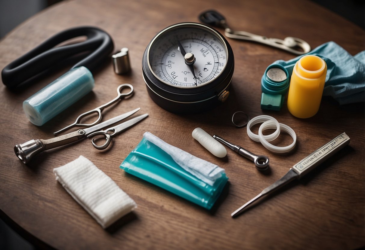 A table displaying a compass, bandages, antiseptic wipes, scissors, tweezers, adhesive tape, gloves, safety pins, a whistle, and a first aid manual