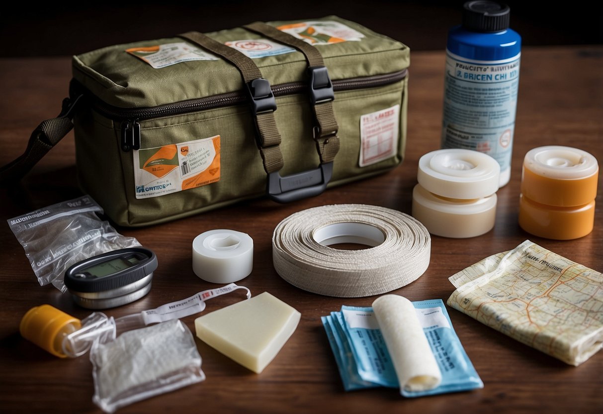 A collection of adhesive bandages, antiseptic wipes, and gauze in a first aid kit, surrounded by a compass, map, and flashlight for orienteering