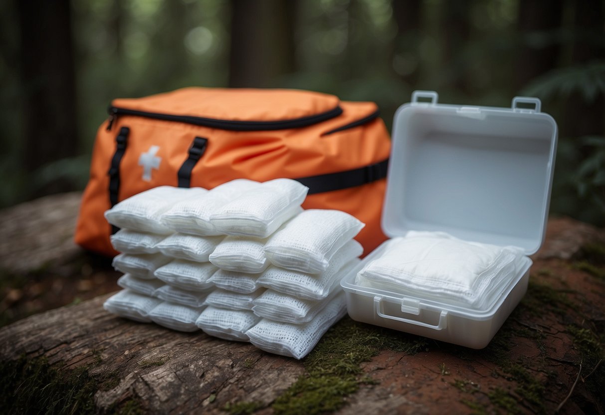 A stack of sterile gauze pads sits neatly beside a first aid kit, ready for use during an orienteering adventure