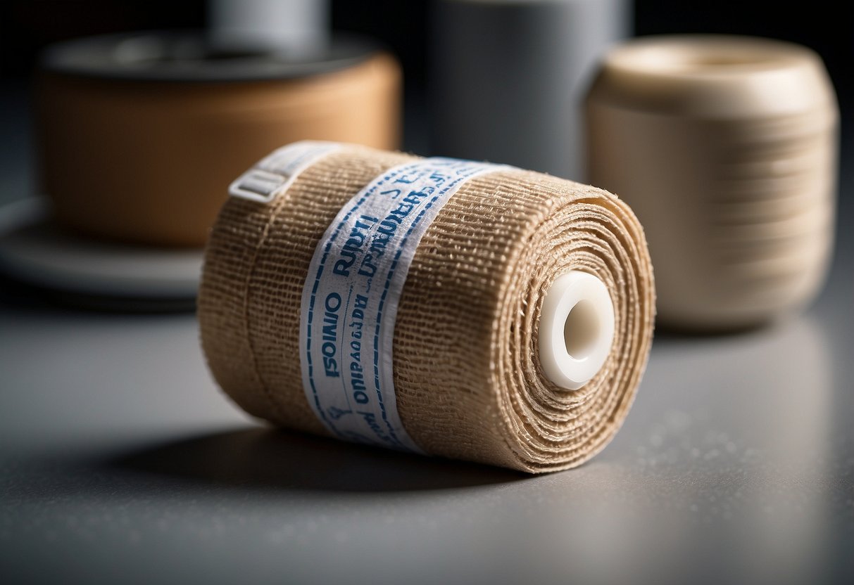 An elastic bandage is wrapped around a sprained ankle, with a first aid kit in the background