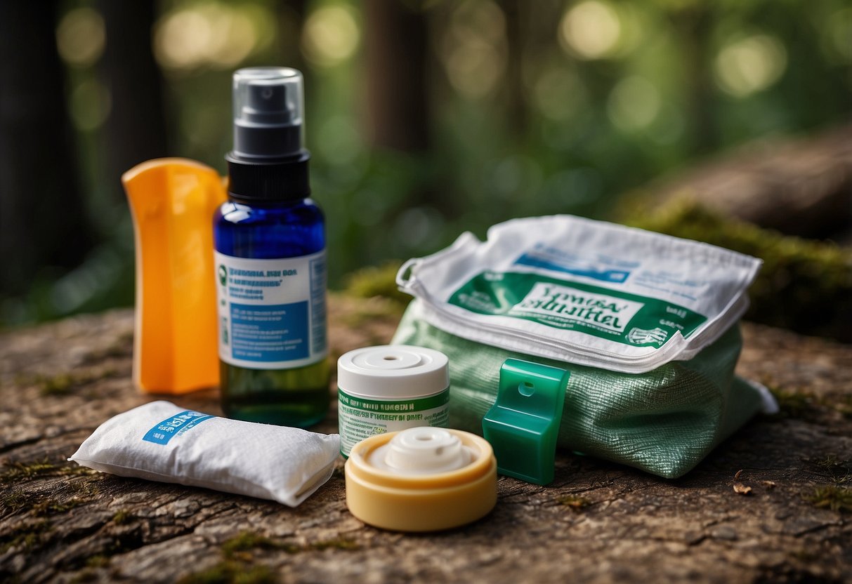 A pack of antiseptic wipes lies next to a compass, whistle, and bandages in a first aid kit for orienteering