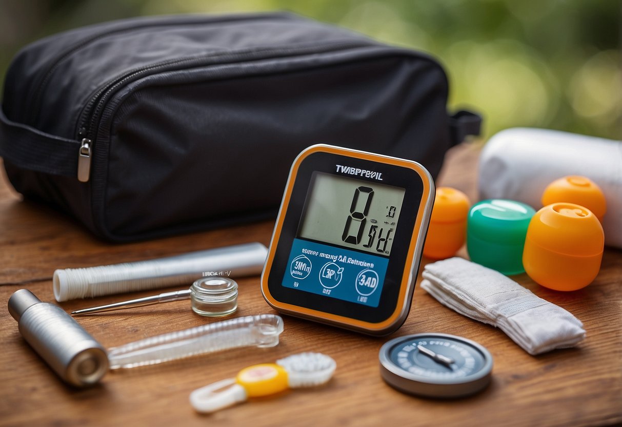 A digital thermometer lies among 10 essential first aid items for orienteering. Items include bandages, antiseptic wipes, and scissors