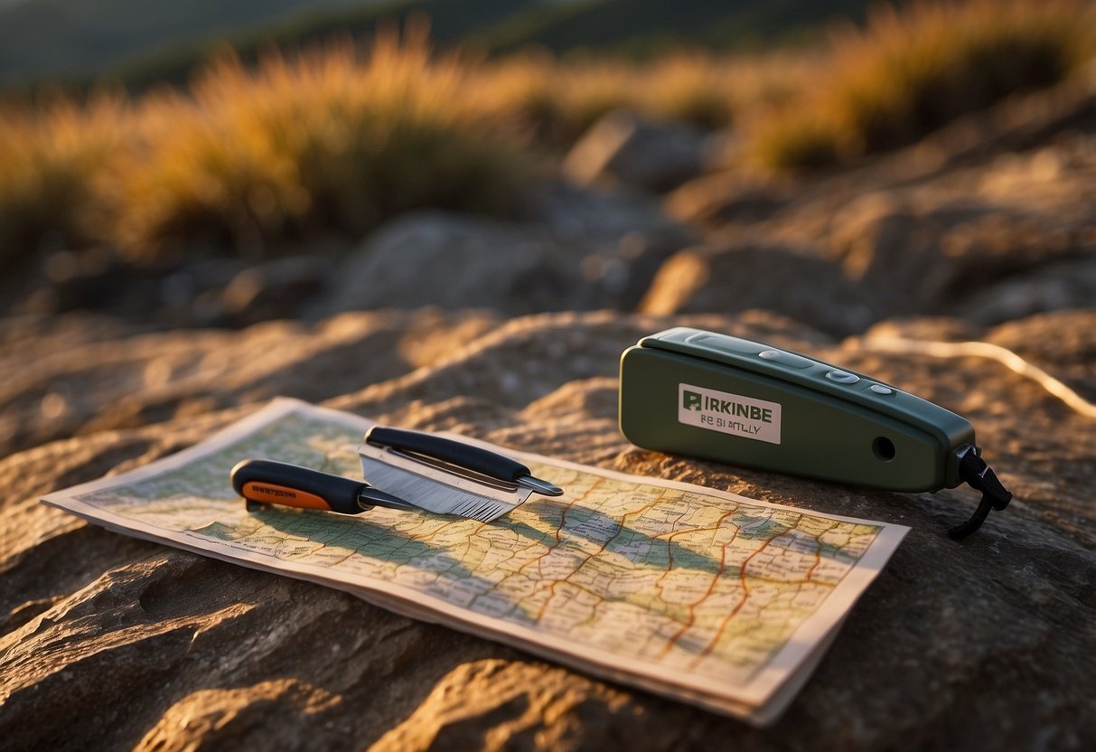 A pair of tweezers sits next to a first aid kit, compass, and map on a rugged terrain. The sun is setting, casting a warm glow on the essential orienteering items