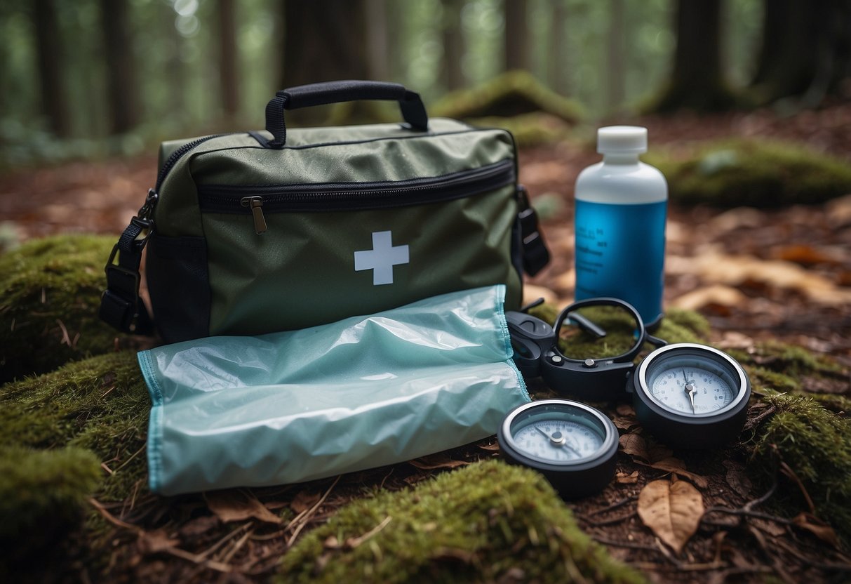 A pair of disposable gloves lies next to a first aid kit and compass on the forest floor