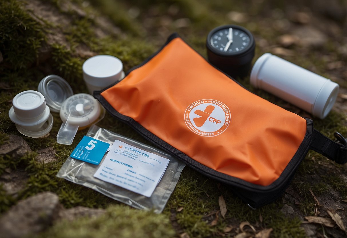 A CPR face shield lies among first aid items for orienteering