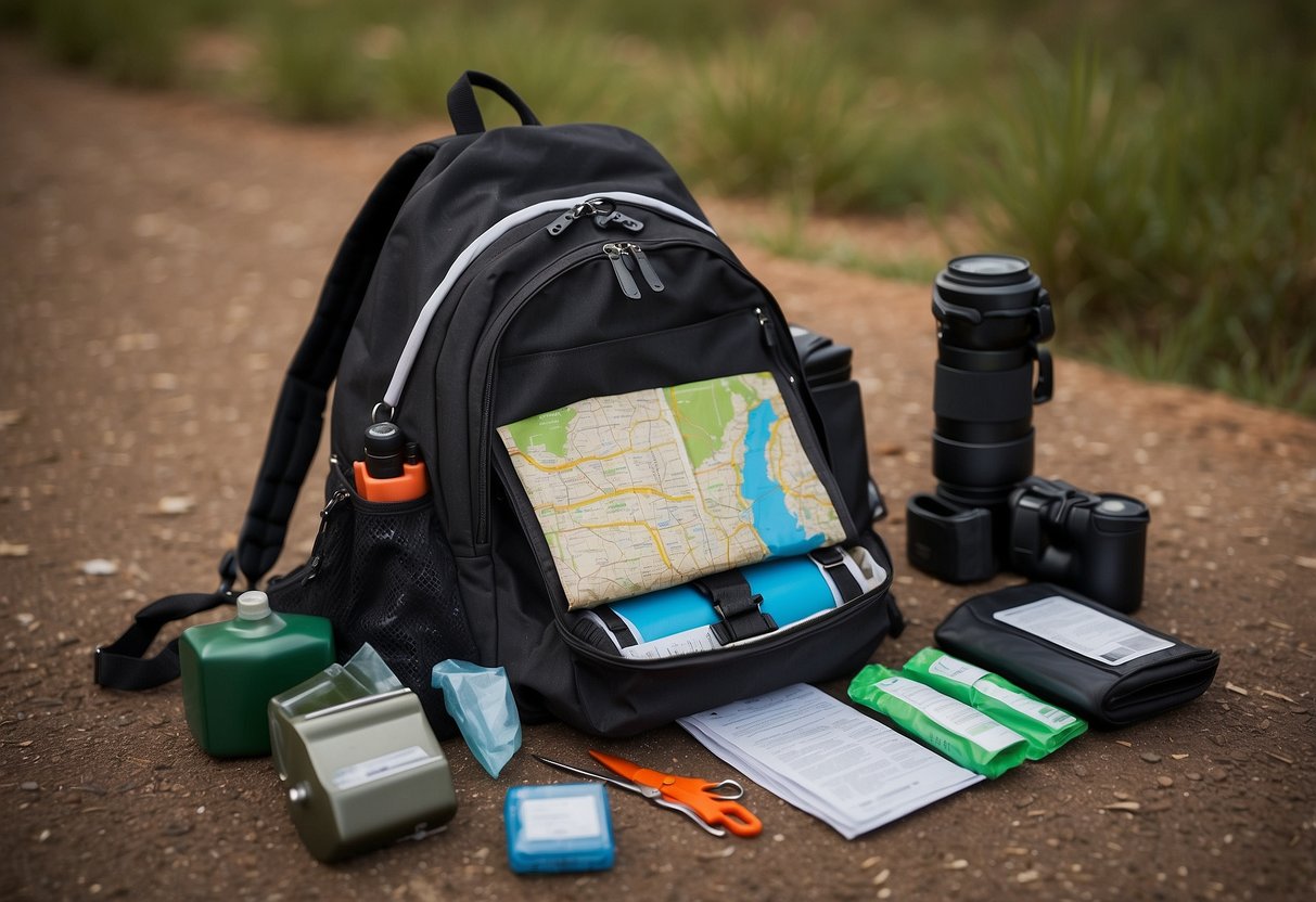 A backpack open on the ground, displaying a map, compass, whistle, bandages, antiseptic, gloves, scissors, and a first aid manual