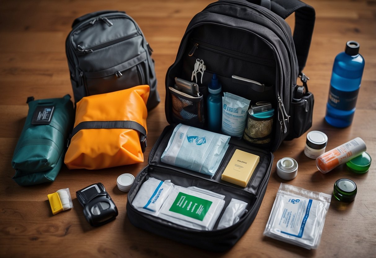 A backpack with a compass, bandages, antiseptic wipes, whistle, emergency blanket, flashlight, water purification tablets, multi-tool, and a notepad with pencil