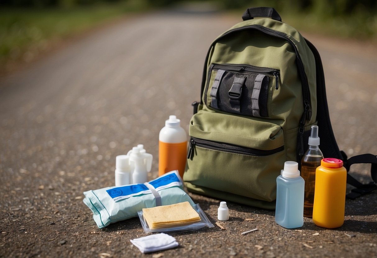 A backpack open on the ground, displaying a map, compass, bandages, antiseptic wipes, gauze, adhesive tape, scissors, tweezers, whistle, and emergency blanket