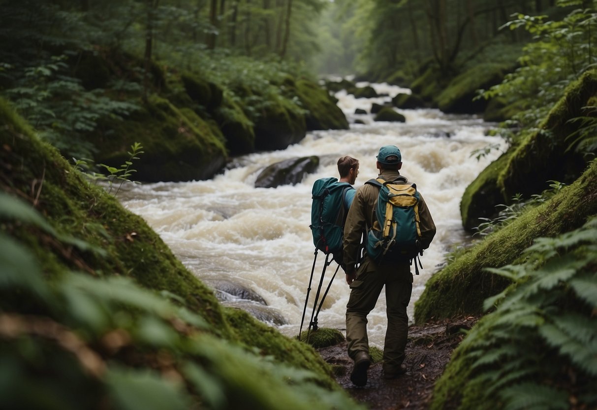 Participants follow map, compass in hand, through dense forest. They navigate over rough terrain, across streams, and up steep hills to reach checkpoints