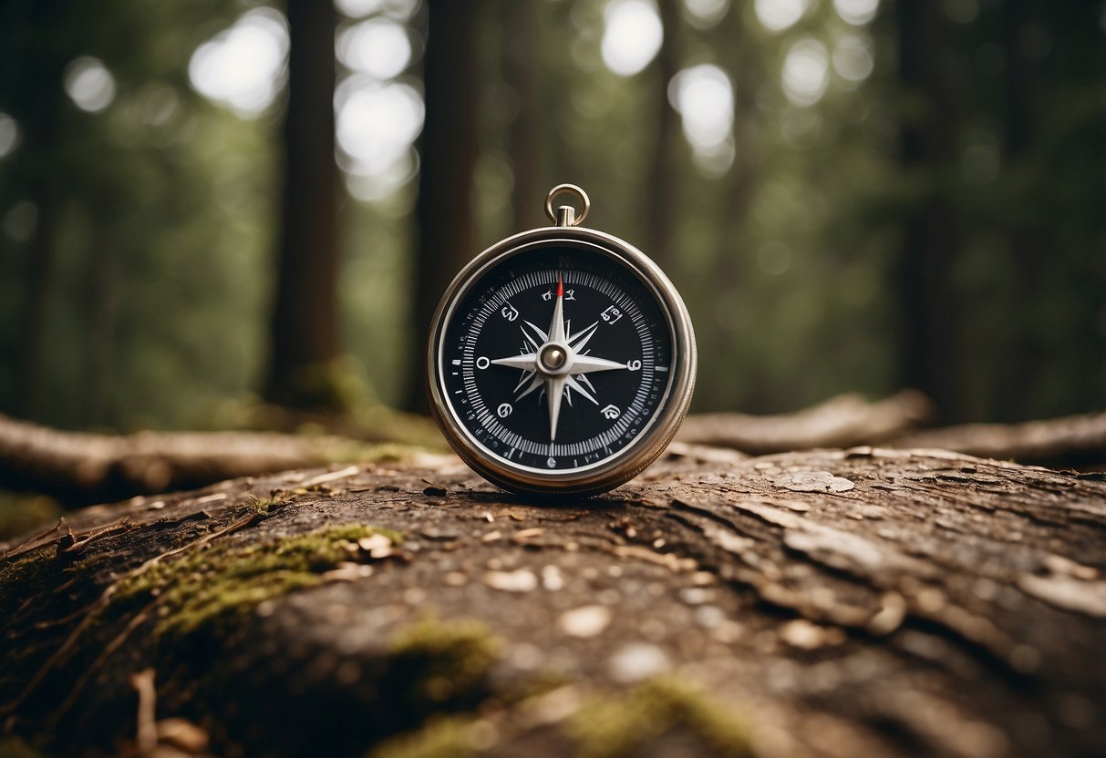 A compass pointing towards a distant mountain, surrounded by trees and a winding trail. A map and orienteering markers are scattered on the ground