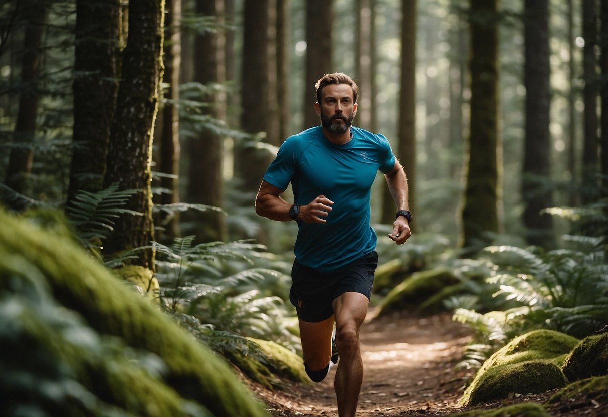 A runner swiftly maneuvers through checkpoints in a dense forest, using a map and compass to navigate efficiently. Trees and rugged terrain surround the course, adding to the challenge