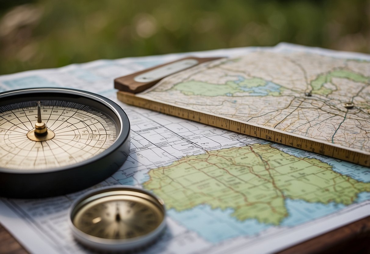 A table with 5 orienteering maps spread out, each showing different terrains and landmarks, with a compass and ruler nearby