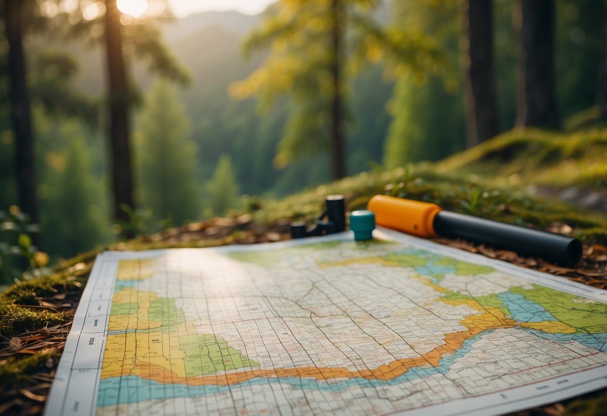 A colorful orienteering map with detailed trails, contour lines, and landmarks. A compass and ruler lie nearby. Surrounding trees and hills indicate a wooded landscape