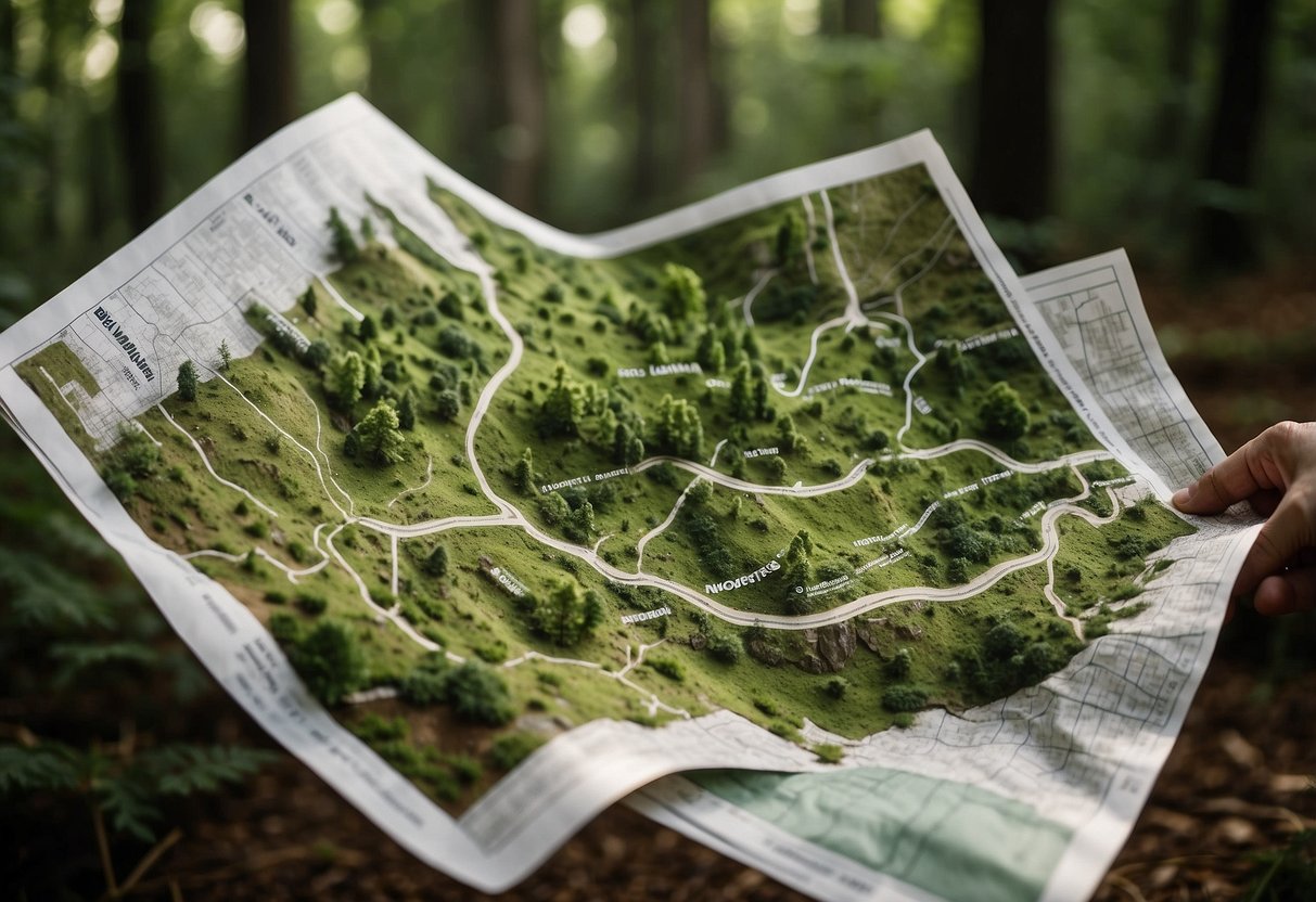 Lush green forest with marked trails, clearings, and various terrain features. Map stations with beginner-friendly orienteering maps placed at key locations