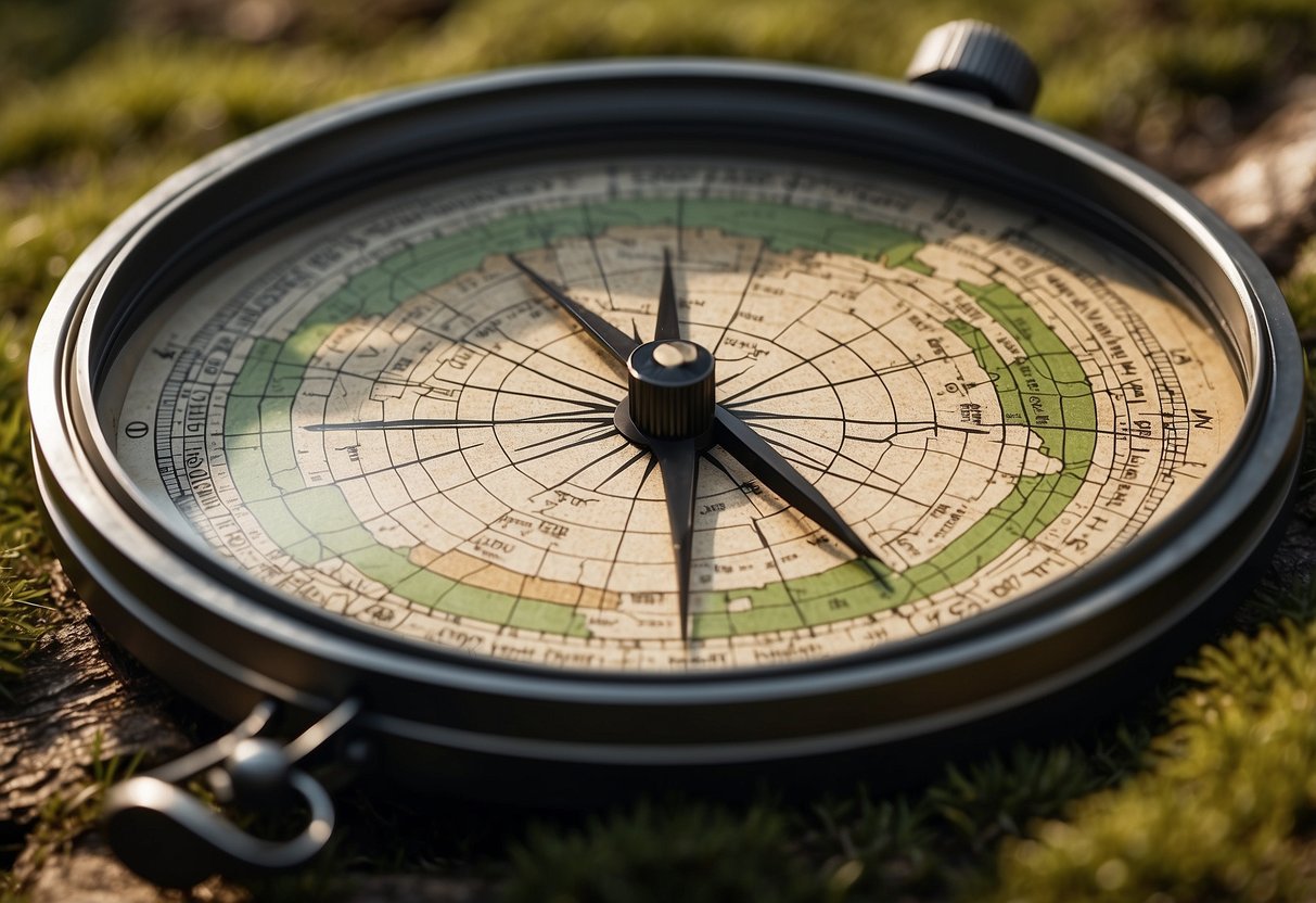 A detailed orienteering map with clear symbols and terrain features. Compass and ruler nearby. Forest, hills, and a marked route visible