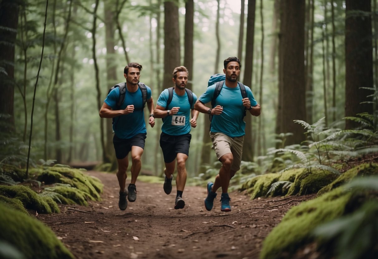 Participants run through a forest, finding checkpoints and solving challenges. They navigate using a map and compass, encountering obstacles and completing tasks along the way