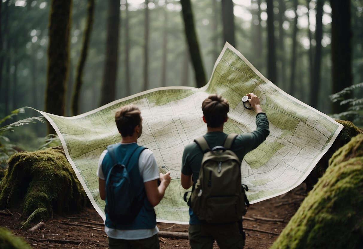 Participants search for hidden objects in a forest. They navigate using a map and compass, encountering various challenges along the way