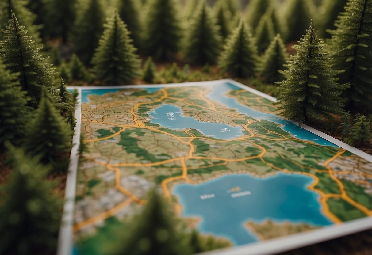 A colorful map with 10 checkpoints marked in a forest setting, surrounded by trees, bushes, and a clear path