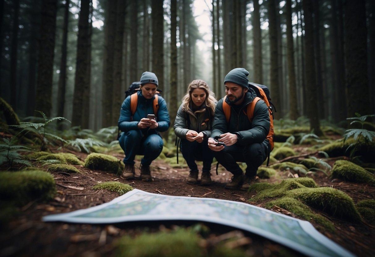 A group of people navigate through a dark forest using maps and compasses, facing various orienteering challenges