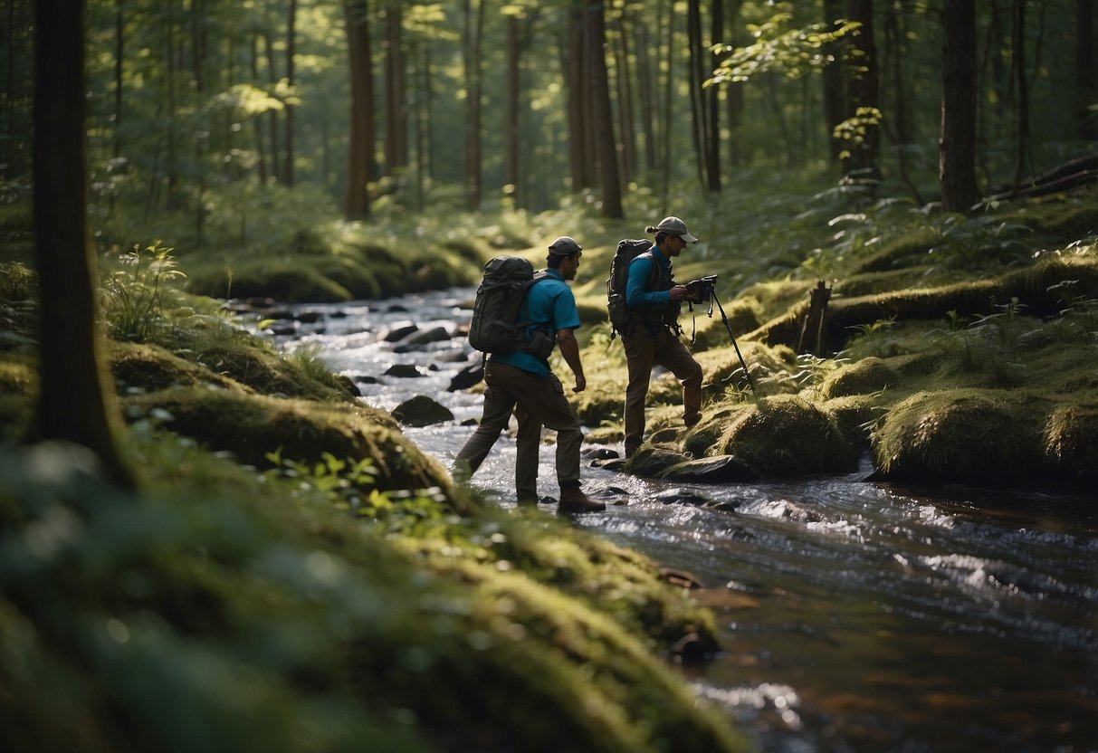 Participants navigating through a dense forest, crossing a shallow creek, and using a map and compass to locate hidden checkpoints