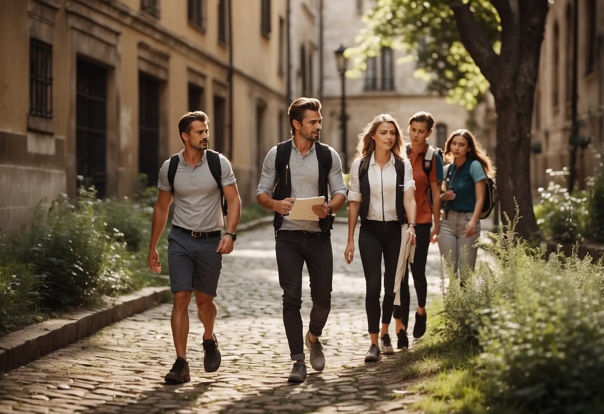 A group of people navigate through a historical landmark, solving orienteering challenges. The landscape features old buildings, trees, and paths