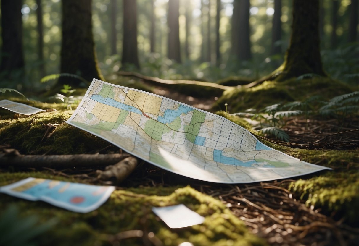 A map, compass, and various objects scattered in a forest clearing. A series of numbered checkpoints marked with colorful flags. Twisting paths and natural obstacles create a challenging course