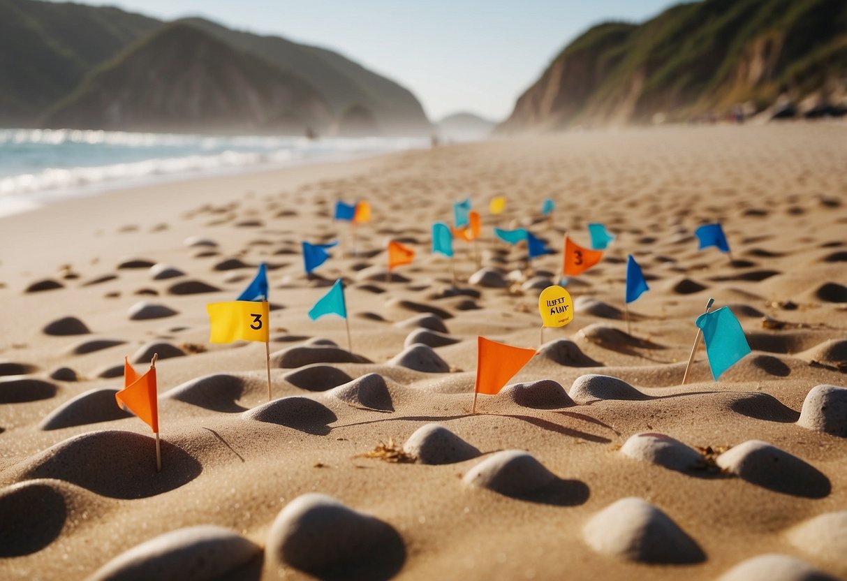 A sandy beach with 10 orienteering challenges marked by colorful flags, including a maze, bridge crossing, and treasure hunt. Waves crash in the background as seagulls circle overhead