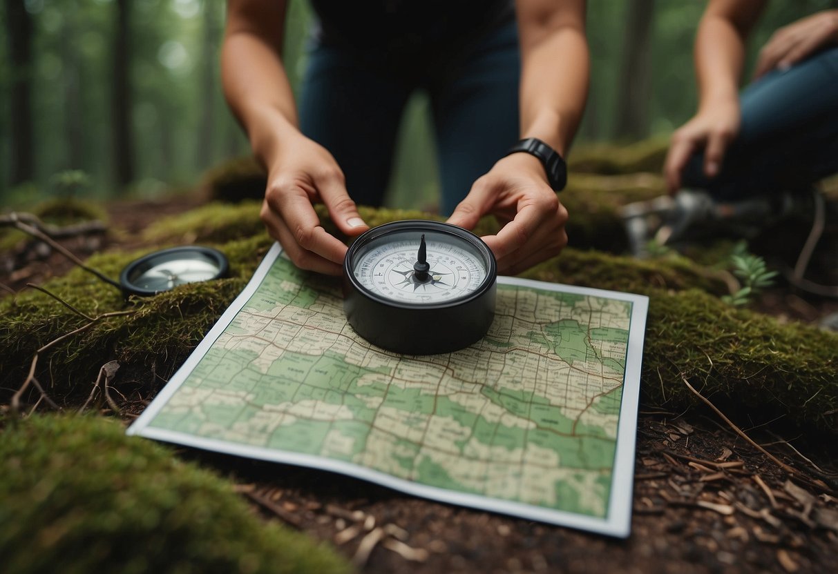 Participants navigating through forest, using map and compass. Completing challenges like finding hidden markers, solving puzzles, and racing against time