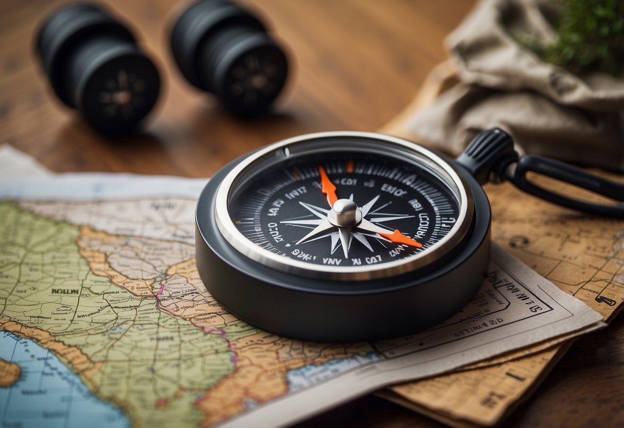 A table displaying a compass, map, stopwatch, and other orienteering gear. Nearby, a series of challenge cards with different tasks and checkpoints