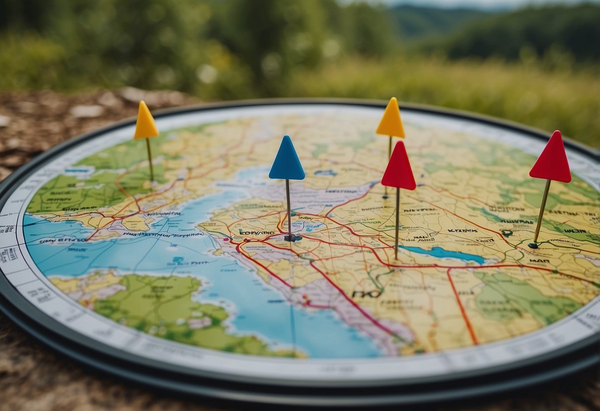 A colorful map with various orienteering checkpoints, surrounded by nature and marked with safety tips and best practices signage