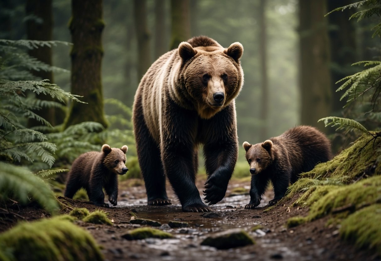 A dense forest with towering trees, a winding trail, and a clear stream. A bear and her cubs forage for food, while a map and compass lay on the ground