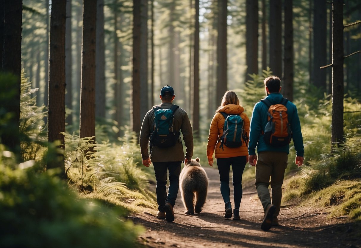 A bear and two hikers walk through a forest. The hikers keep their distance and follow tips for orienteering in bear country