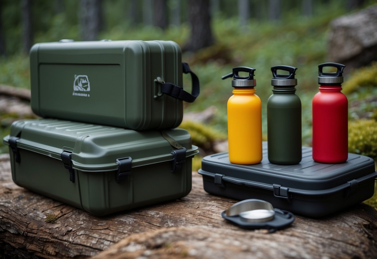 Food stored in bear-proof containers. Map, compass, and bear spray ready. Campsite set up away from food storage. Hikers follow marked trails, avoiding dense vegetation. Bears roam in the distance