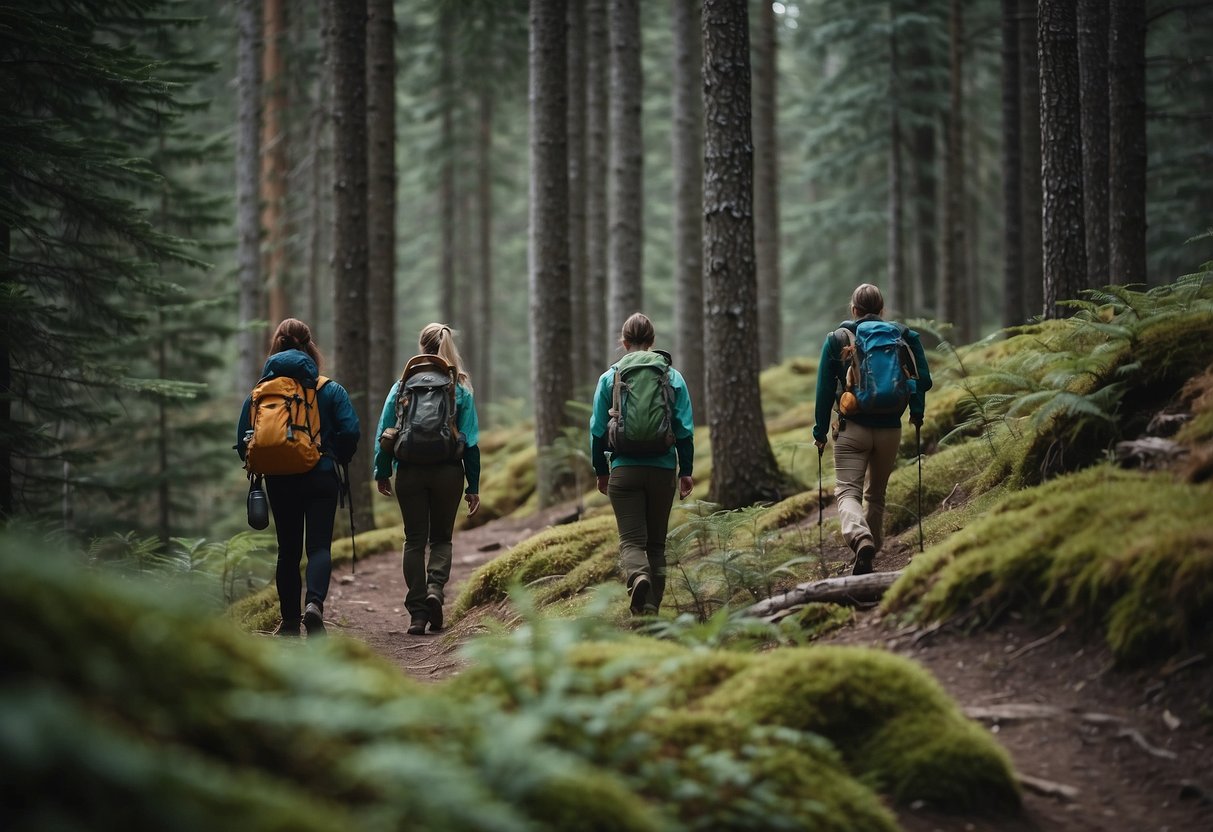 A group of hikers navigate through dense forest, following a trail marked with caution signs. They carry bear bells and bear spray, and keep a lookout for any signs of wildlife