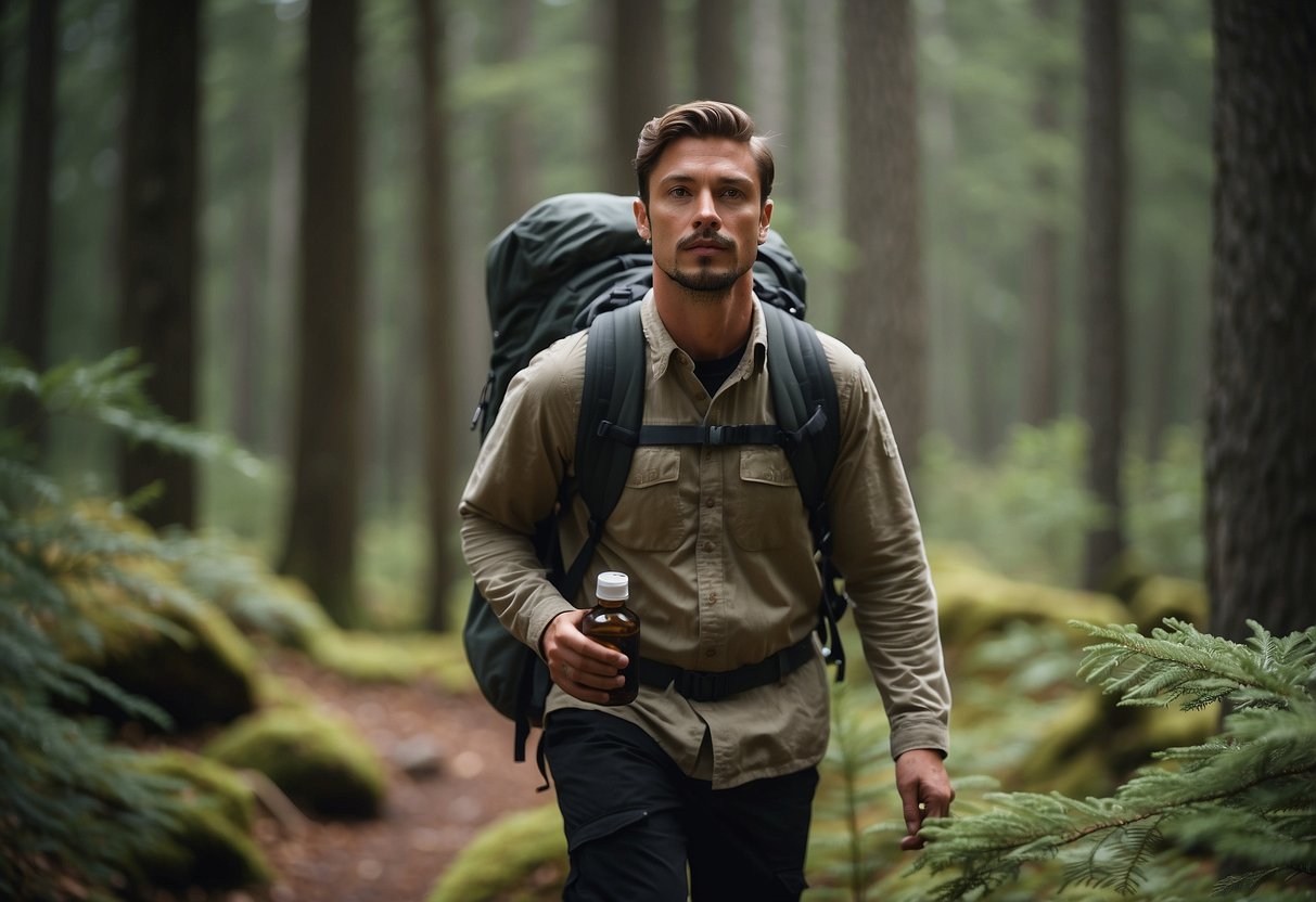 A hiker cautiously moves through a forest, keeping an eye out for bears. The air is filled with the natural scents of pine and earth, while the hiker avoids using strong perfumes or scented products